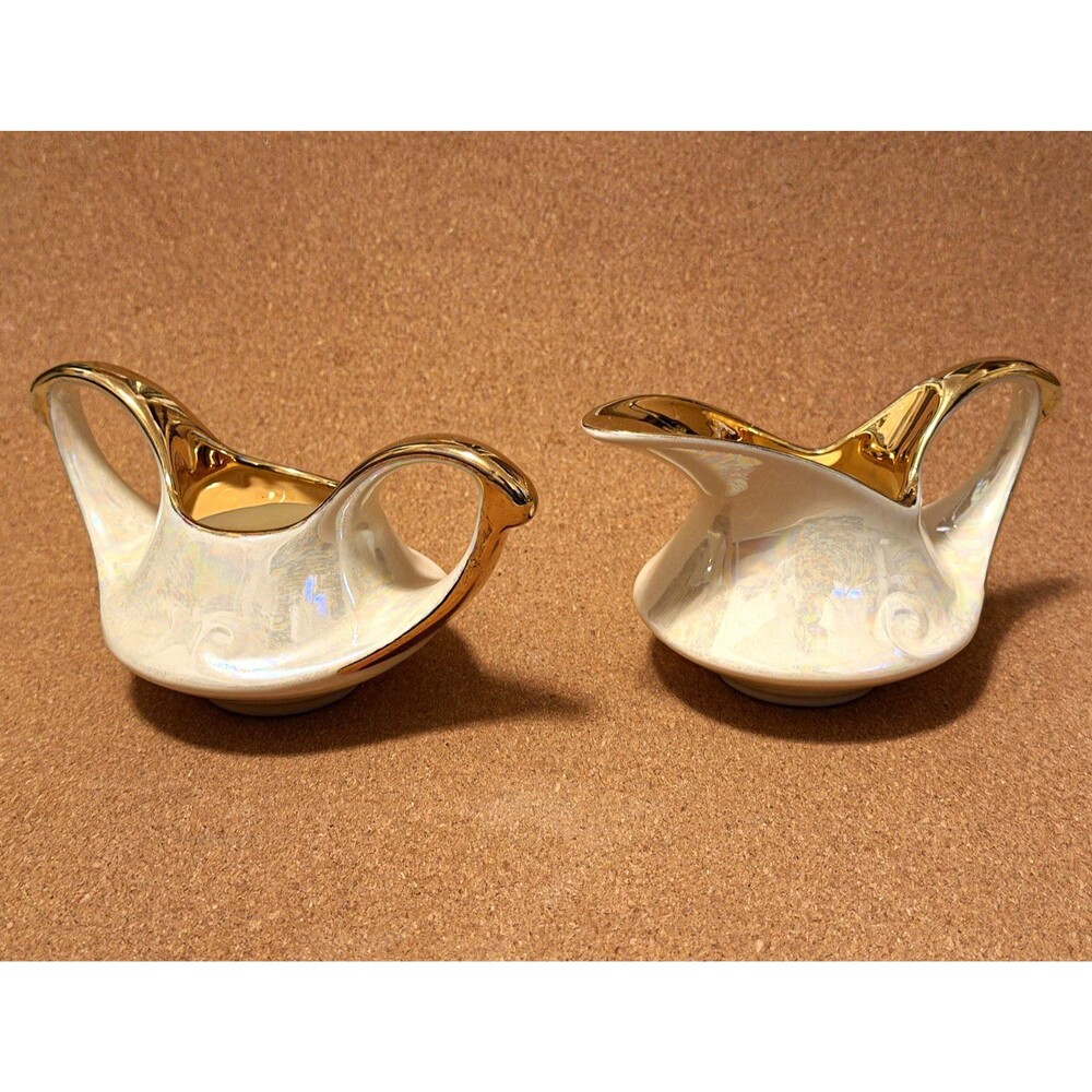 Iridescent White & Gold Porcelain Creamer & Sugar Bowl Set, 2-Piece